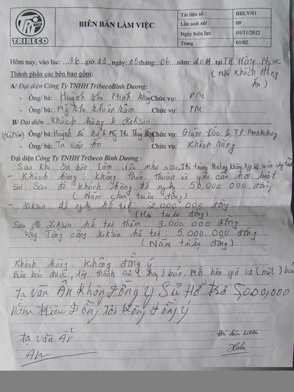 Photo: ..Biên bản làm việc giữa công ty có chương trình khuyến mãi với ông Ẩn.