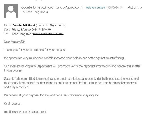 Bức thư mà đại diện ban hàng giả của Gucci gửi lại cho khách hàng N.N.N.
