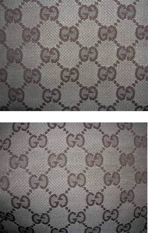 Chất liệu vải canvas truyền thống của Gucci thật (ảnh trên) không mờ và 