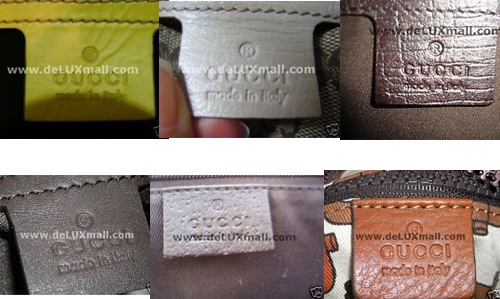 Mác của Gucci thật (ảnh trên) có chữ dập rất sâu, nét, đều, được cắt vuông vức, viền mác không bị lởm chởm như hàng giả (ảnh dưới).