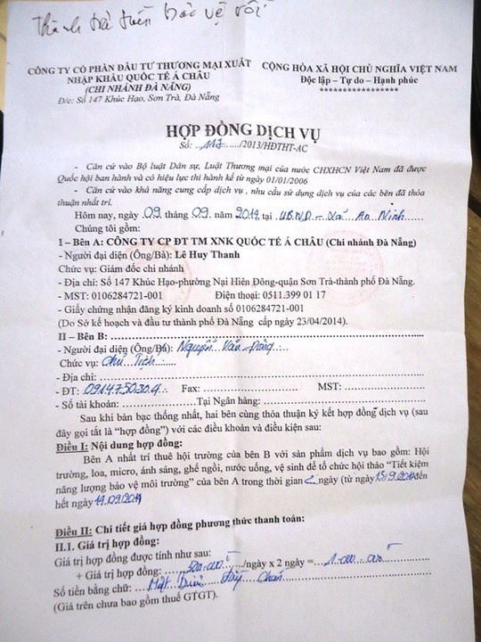 Hợp đồng dịch vụ giữa UBND xã và công ty Á Châu.