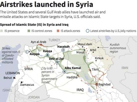 Bản đồ thể hiện các vị trí Mỹ và đồng minh không kích IS tại Syria.