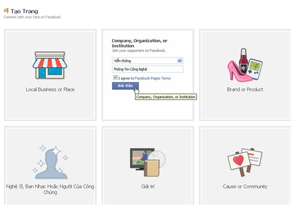 Tạo trang Facebook mới.