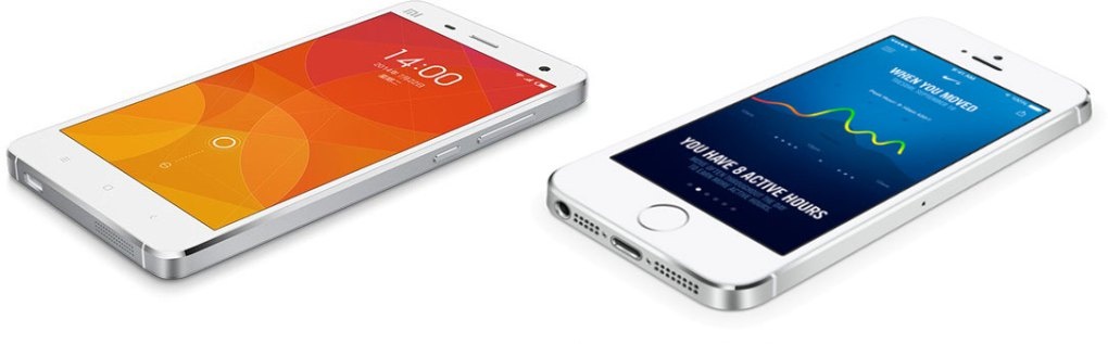 Điện thoại Mi 4 của Xiaomi và iPhone của Apple.  