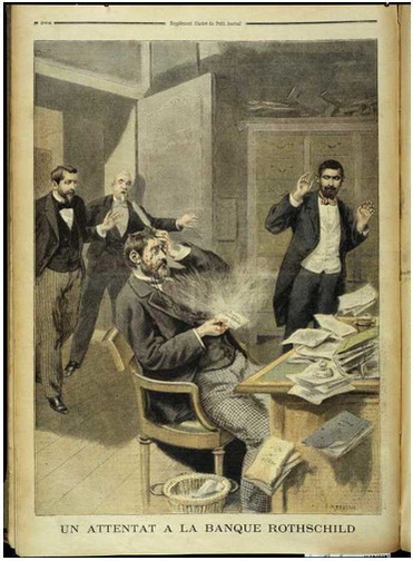 Vụ đánh bom qua bưu kiện đầu tiên trong lịch sử được ghi lại là năm 1764. Bức khắc gỗ này miêu tả một vụ khác hồi 1895 mà nạn nhân là một nhân viên được sai mở, trong khi nam tước Alphonso de Rothschild mới là mục đích khủng bố.