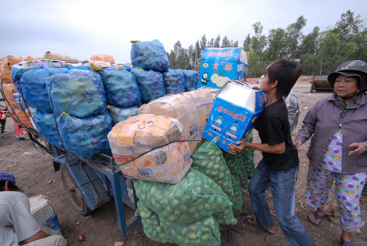 Mỗi ngày có hàng chục tấn trái cây của Việt Nam do chị thu mua rồi đem bán lại cho thương lái Campuchia tại cửa khẩu quốc tế Tịnh Biên – An Giang.   Ảnh: Ngọc Trinh