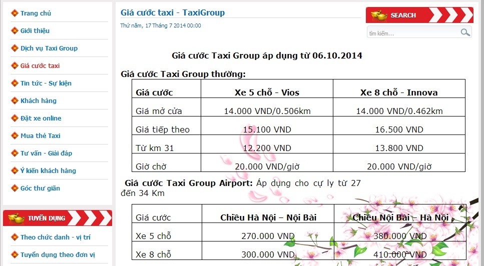 Bảng giá cước của Taxi Group đăng tải trên website của hãng.