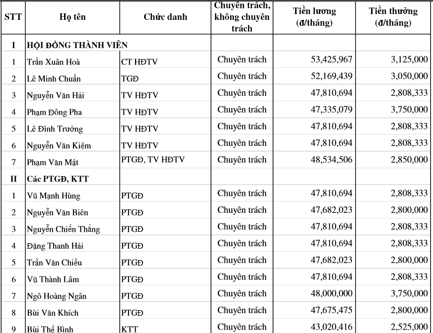 Bảng lương lãnh đạo TKV.