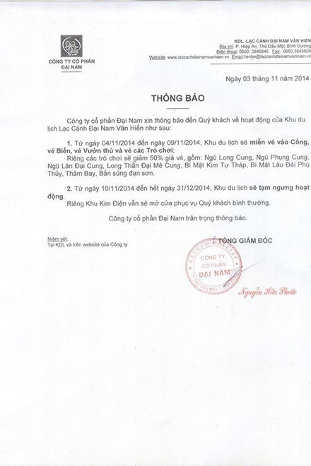 Thông báo tạm đóng cửa khu du kịch Đại Nam