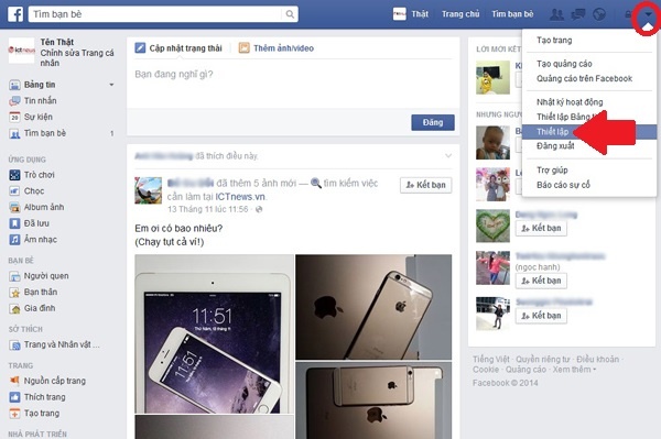 Đăng xuất Facebook từ xa: Ngoài giao diện chính tài khoản Facebook của bạn, hãy bấm biểu tượng tam giác nhỏ góc trên bên phải và chọn “Thiết lập” (mũi tên).