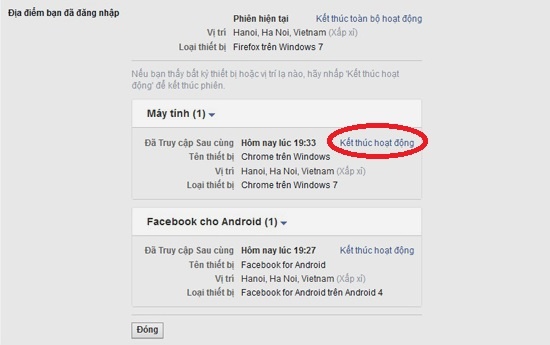 Đăng xuất Facebook từ xa: Kiểm tra thông tin các phiên đăng nhập trong danh sách và bấm đường dẫn “Kêt thúc hoạt động” (khoanh đỏ) đối với phiên đăng nhập trên máy người khác.