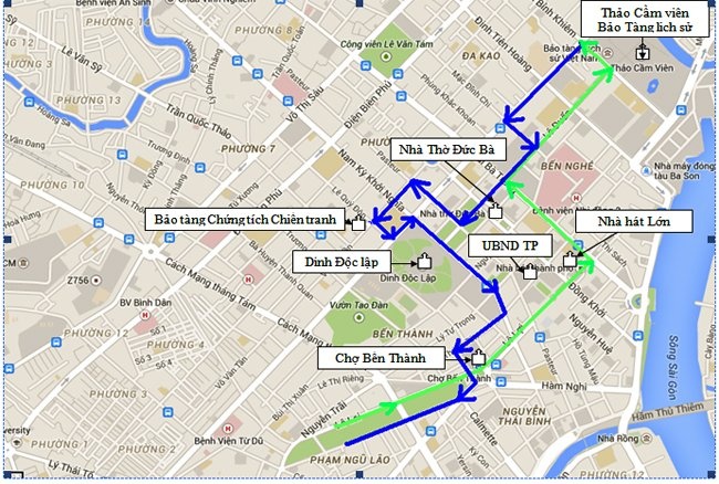 Lộ trình tuyến xe điện chạy khu vực trung tâm TP.HCM.