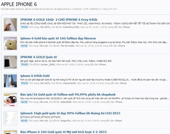 iPhone 6 rao bán trên mạng, trong đó chủ yếu là bản 16GB.