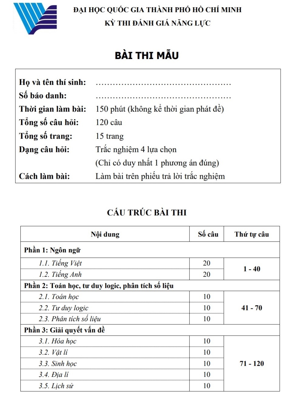 de thi danh gia nang luc DH Quoc gia TP.HCM 2019 anh 1