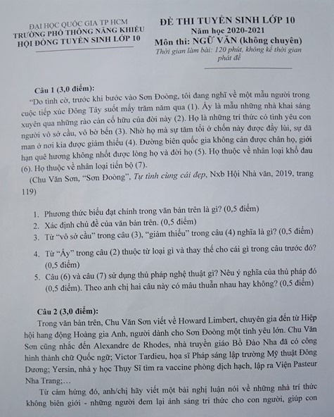 đề văn vào lớp 10 phổ thông năng khiếu ảnh 1 de van vao lop 10 pho thong nang khieu anh 1