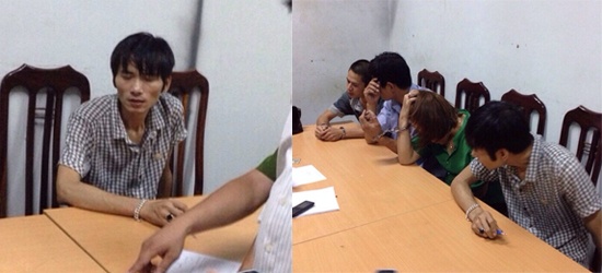 Bùi Văn Trường (áo kẻ) và nhóm thanh niên tại cơ quan công an.