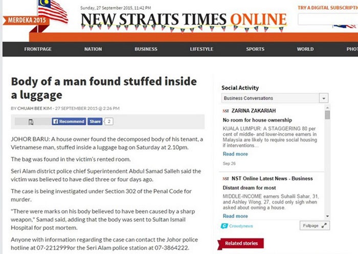 Phat hien xac nguoi Viet trong tui hanh ly o Malaysia hinh anh