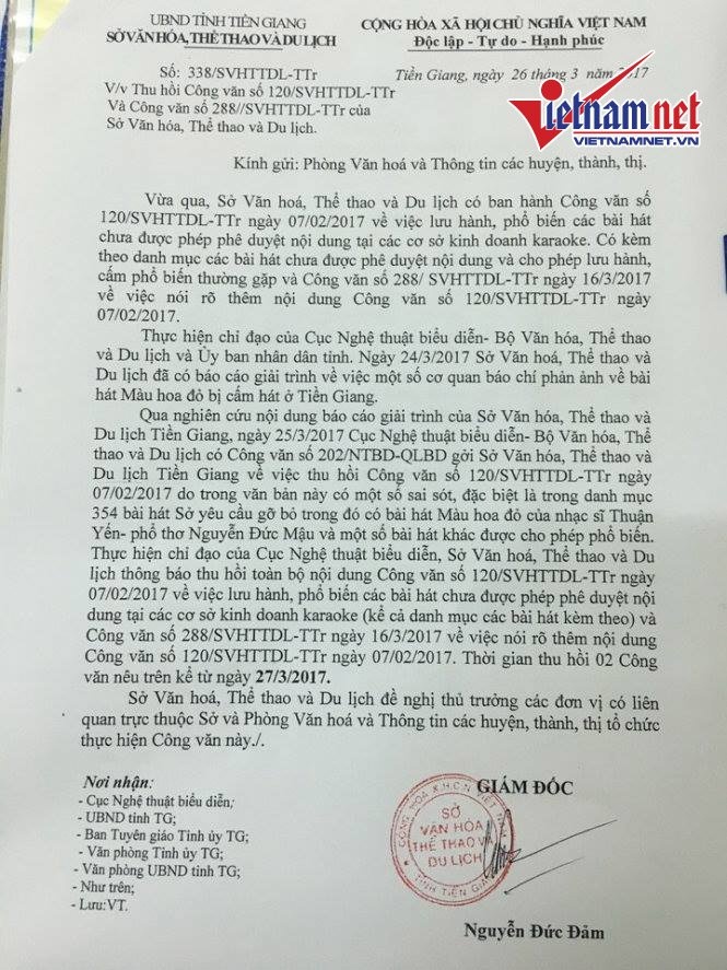 Thu hồi công văn cấm lưu hành ca khúc 'Màu hoa đỏ' ảnh 1 Thu hoi cong van cam luu hanh ca khuc 'Mau hoa do' anh 1