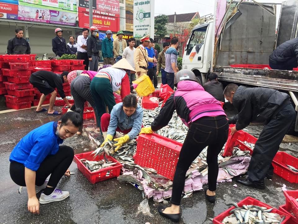 Lật xe chở cá trên quốc lộ ảnh 2 Lat xe cho ca tren quoc lo anh 2