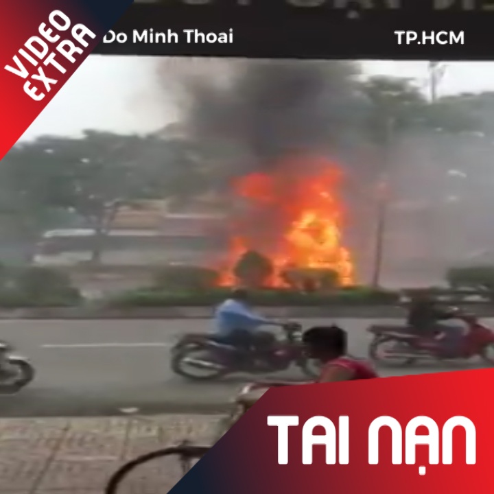 Xe ban tai bong dung boc chay du doi tren duong hinh anh