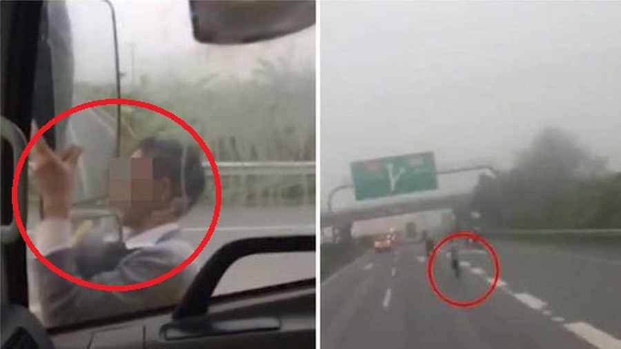 Nguoi di duong du bam xe tai dang chay tren cao toc Ha Noi - Bac Giang hinh anh