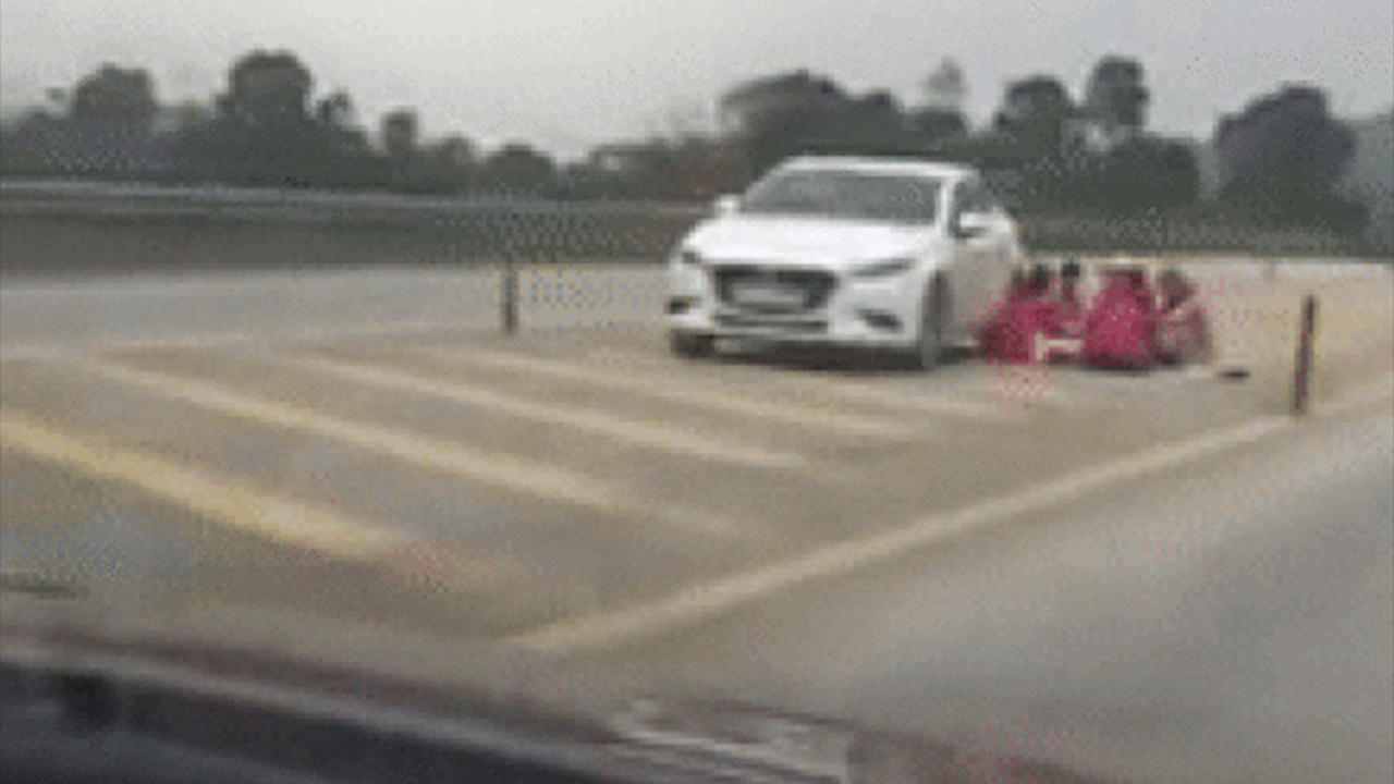 Ca gia dinh dung oto giua duong cao toc de an uong hinh anh