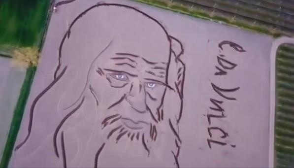 Dung may cay khac chan dung Leonardo Da Vinci tren canh dong hinh anh