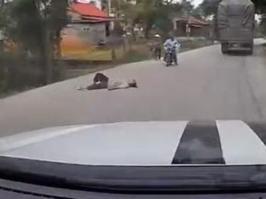 Nguoi dan ong say xin nam lan ra giua duong day xe co hinh anh