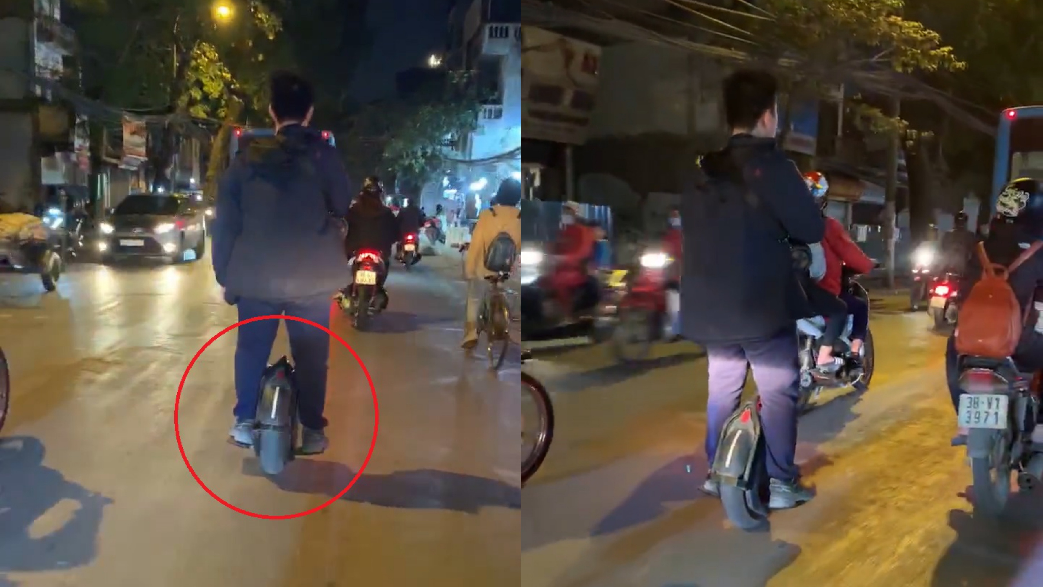 Nam thanh nien di xe 1 banh danh vong tren pho hinh anh