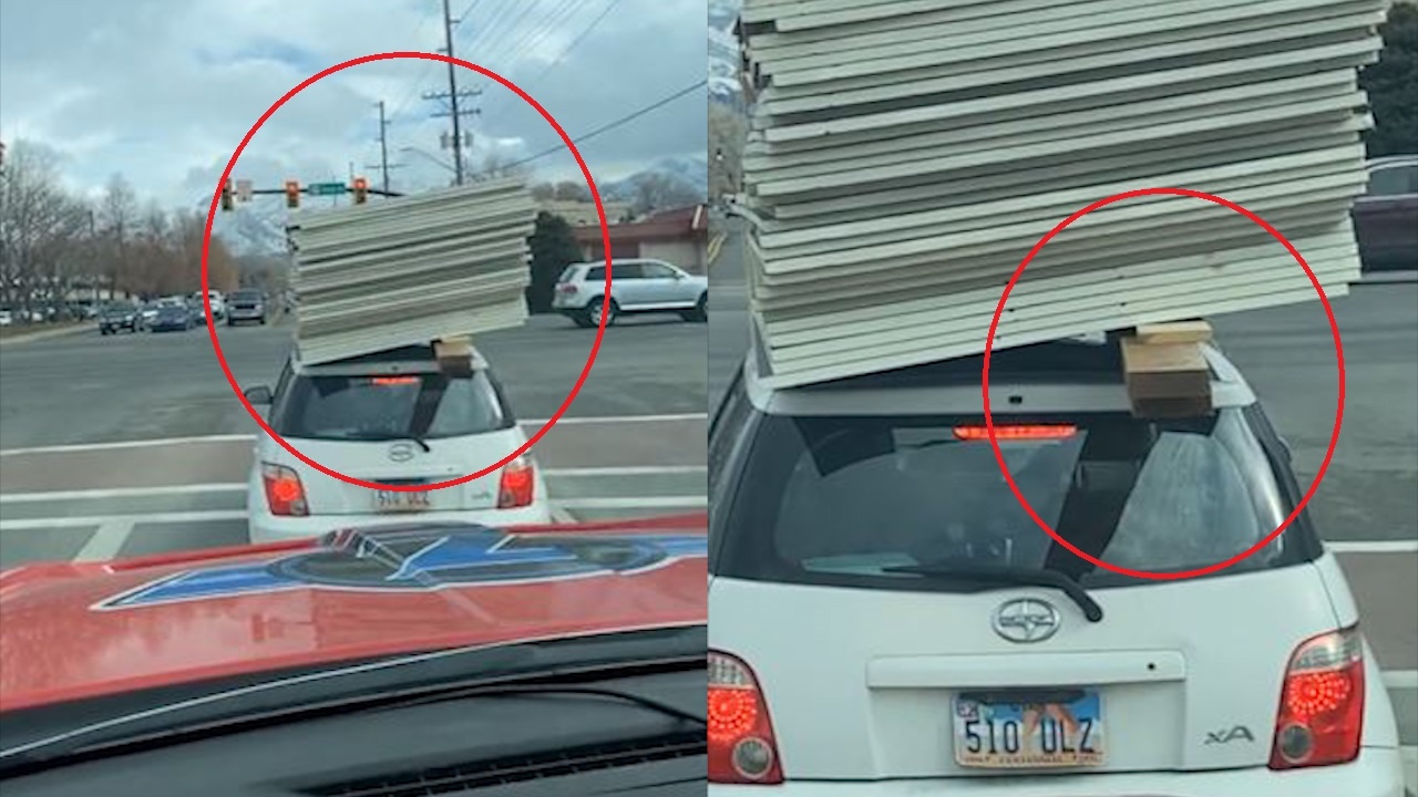 Oto co nho chat day vat lieu xay dung tren noc xe bat chap nguy hiem hinh anh