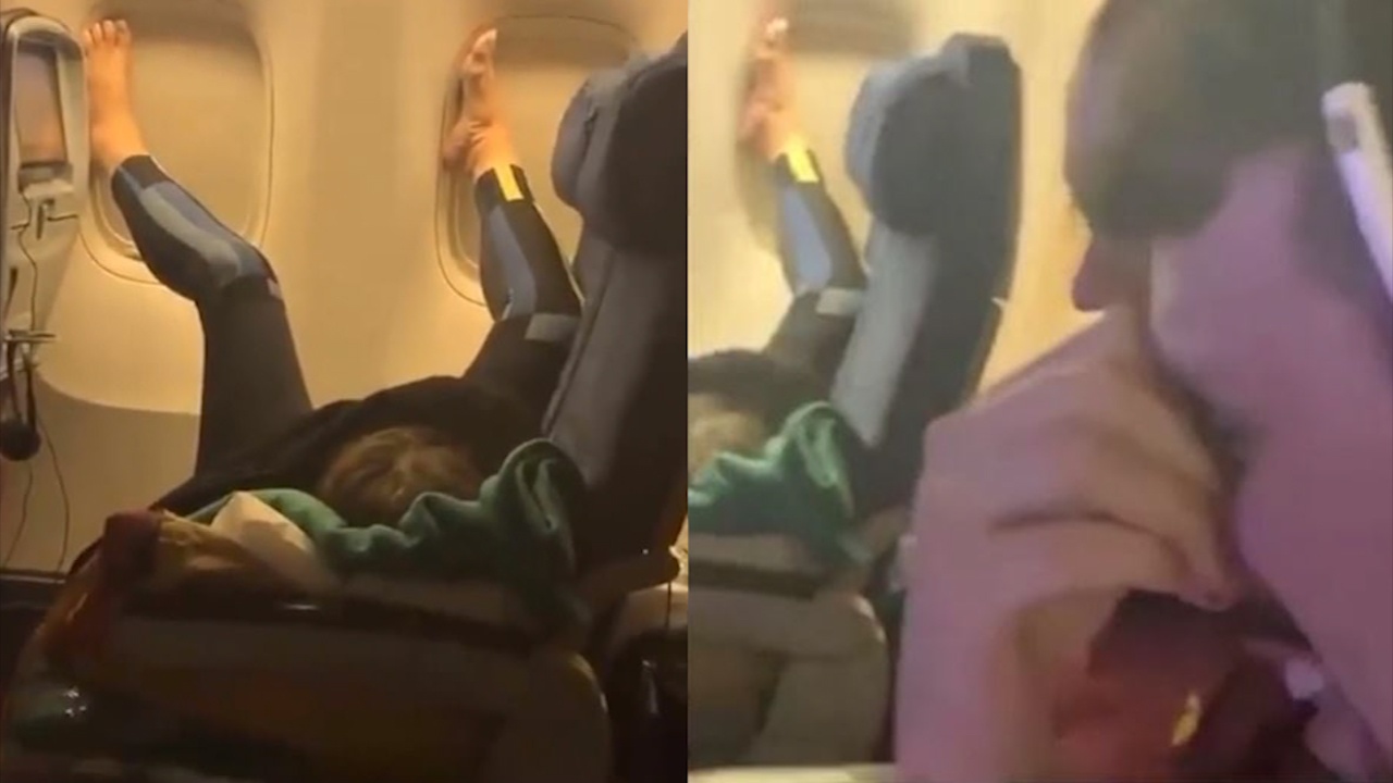 Nu hanh khach nam ngu, gac chan tran len cua so tren may bay hinh anh