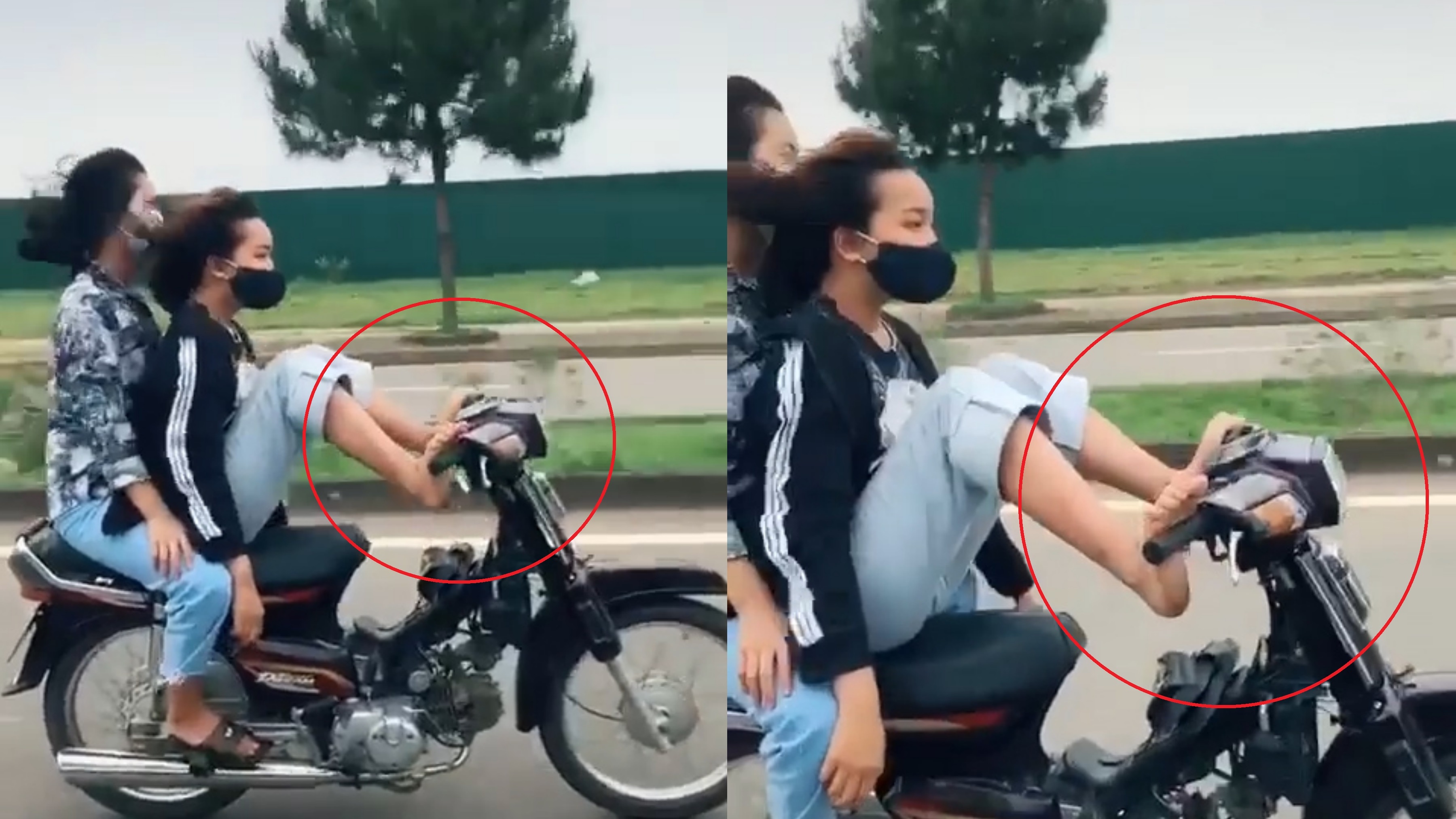 Nu sinh dau tran dieu khien xe may bang 2 chan hinh anh