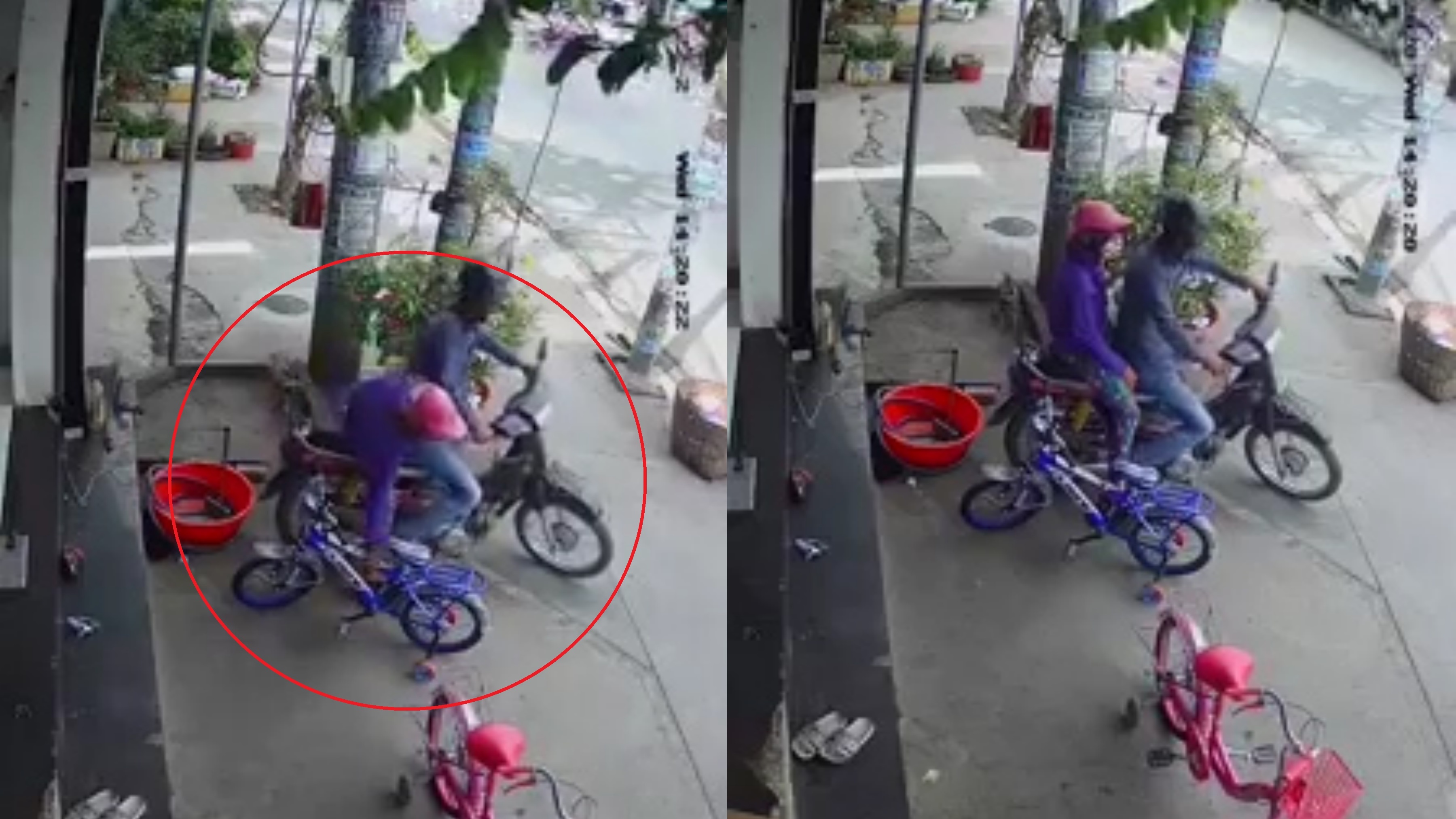 Doi nam nu di xe may trom xe dap tre em hinh anh