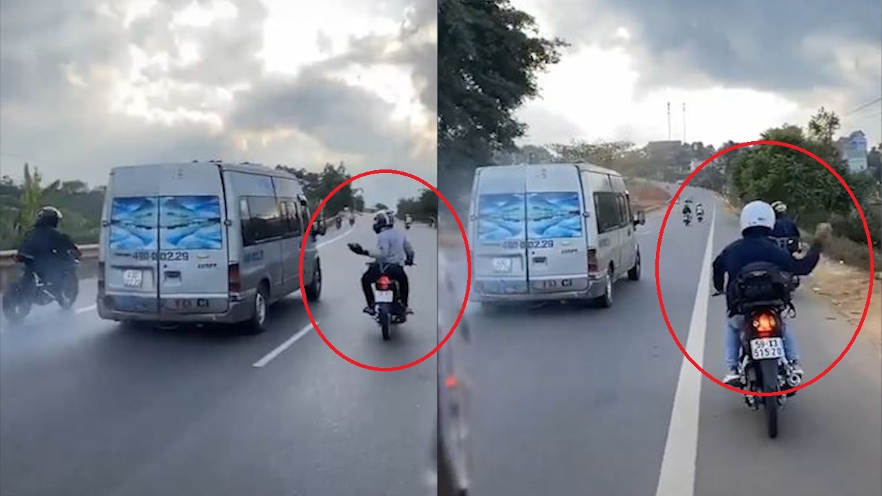 Nhom biker nem da vao oto hinh anh