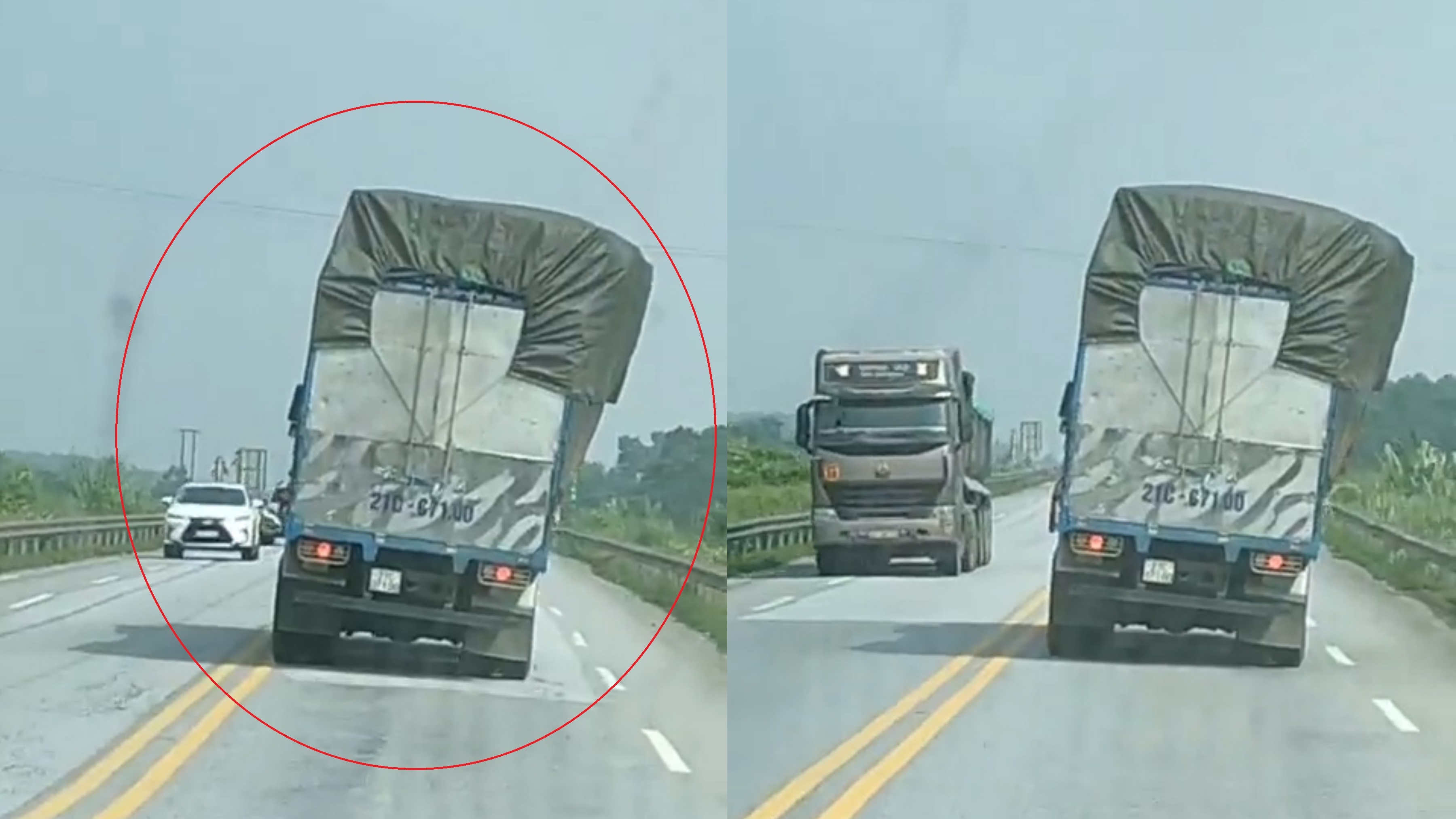 Xe cho hang nghieng han sang mot ben van bang bang tren cao toc hinh anh