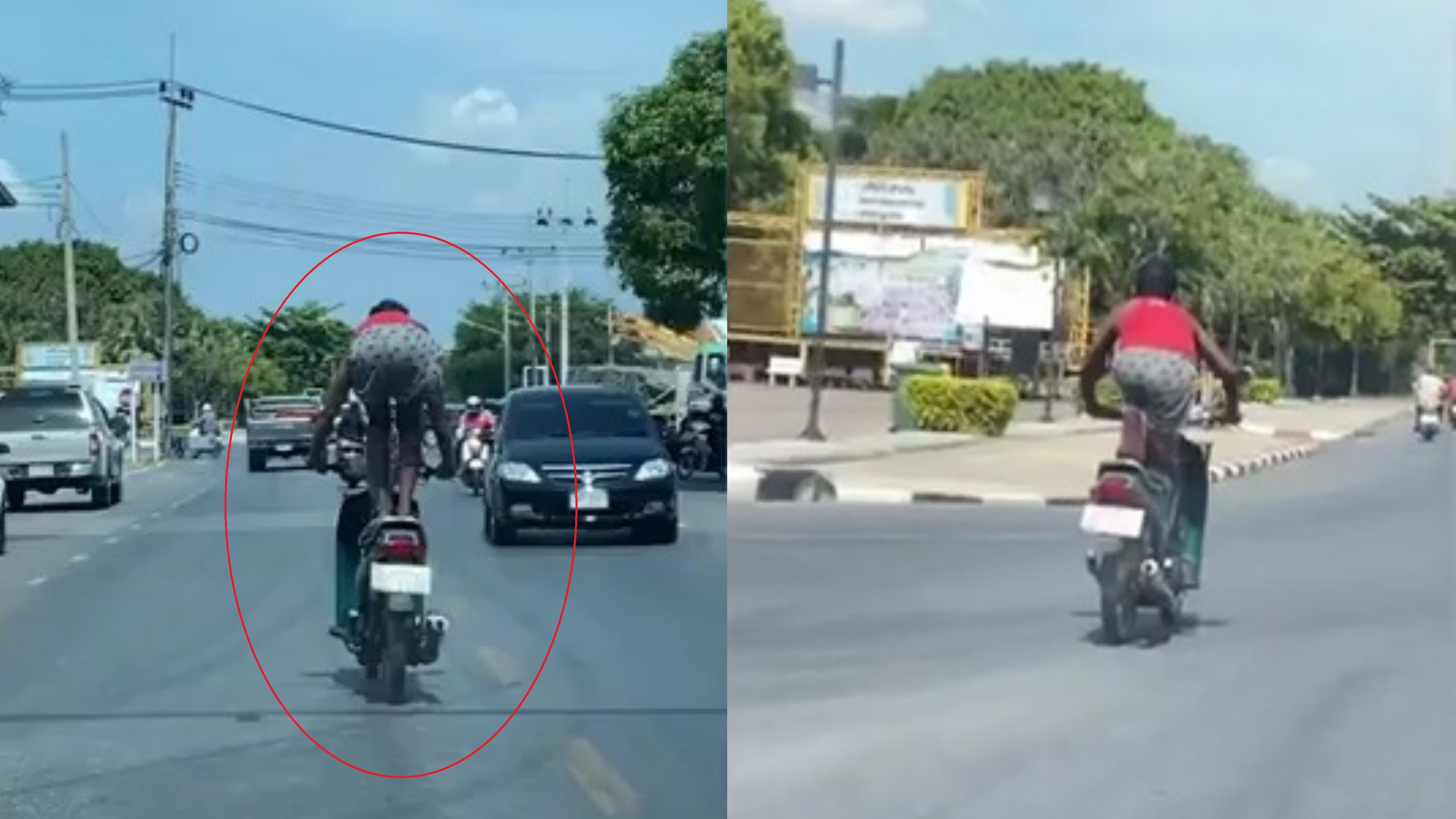 Nguoi dan ong 'dien xiec' tren xe may chay giua duong hinh anh