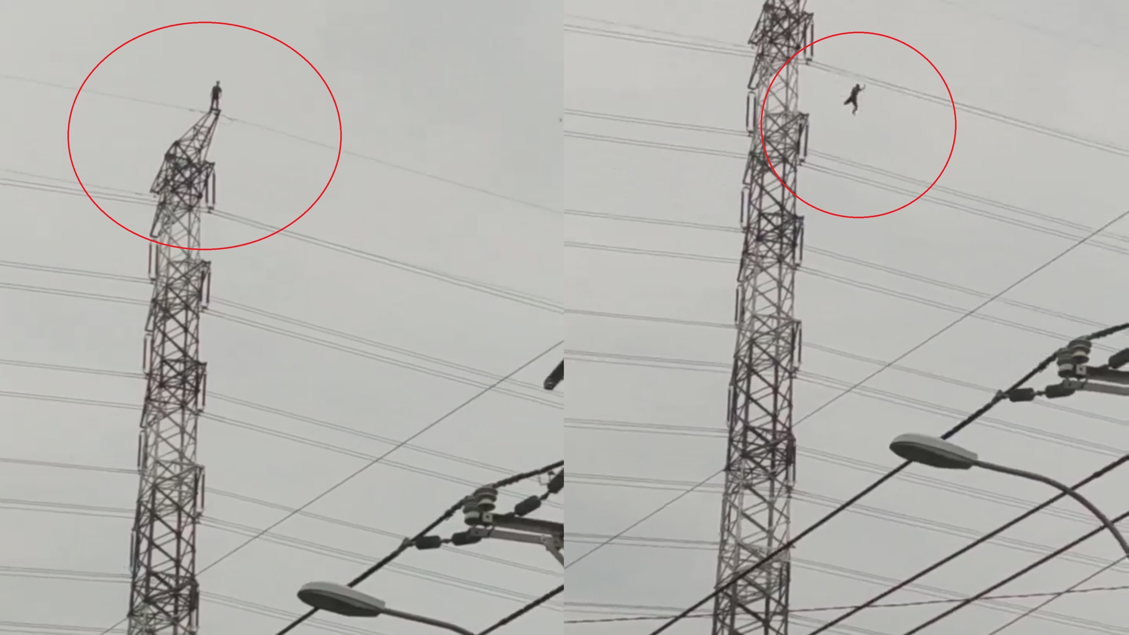 Nguoi dan ong dung tren dinh cot dien cao the roi nhay xuong o TP.HCM hinh anh