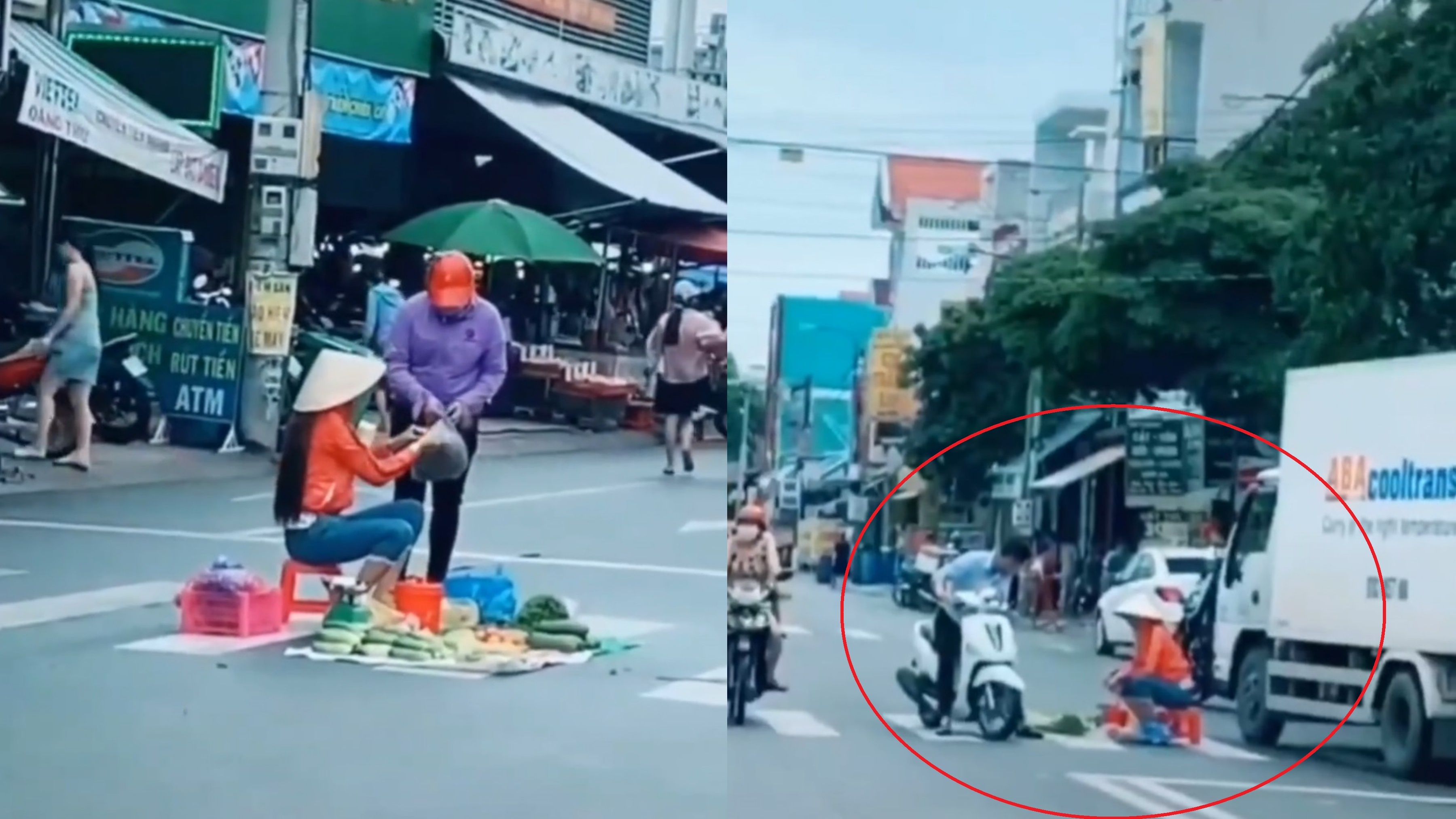 Nguoi phu nu ngoi giua duong ban hang bat chap xe co qua lai hinh anh