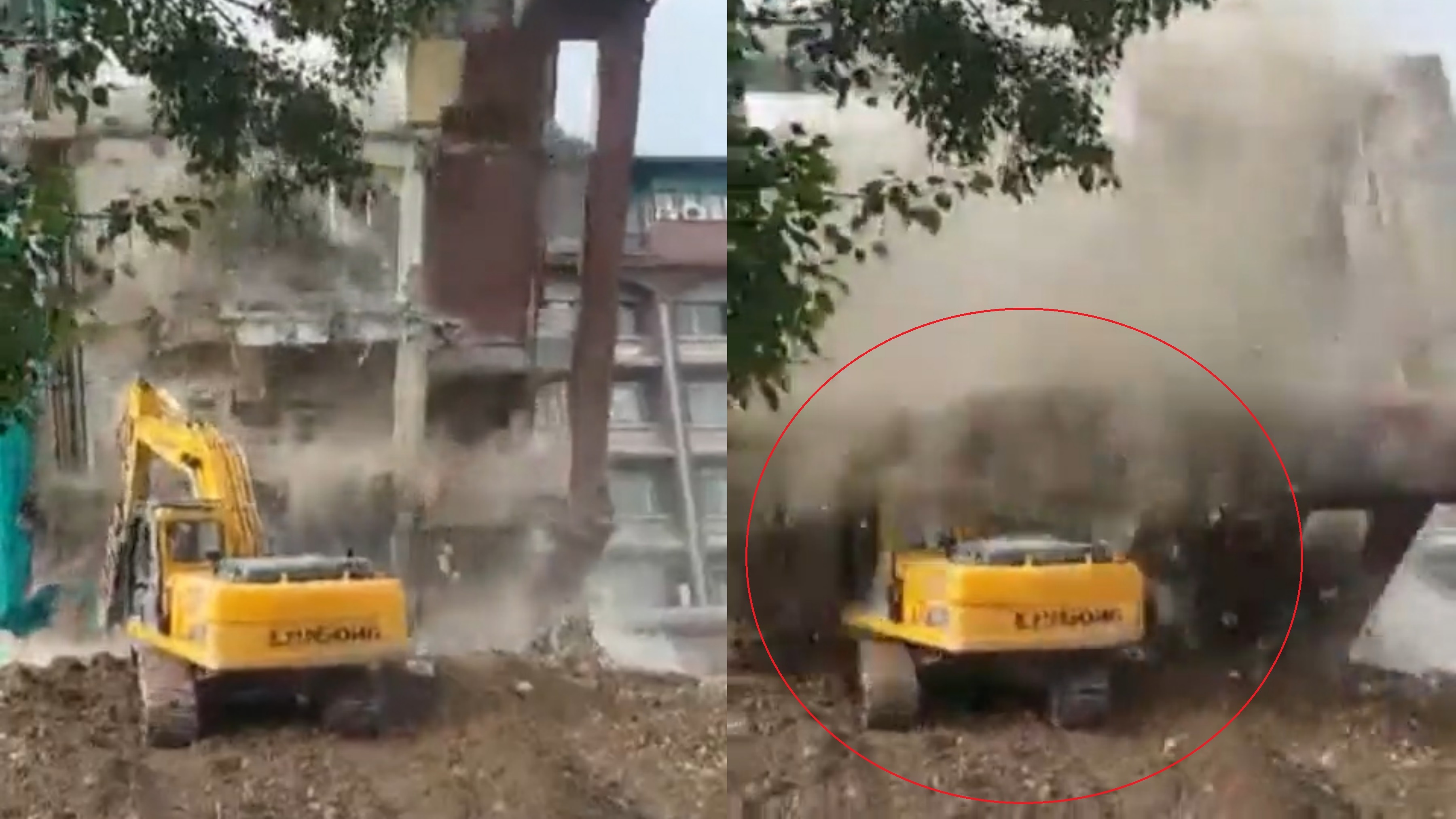 Toa nha 5 tang do sap, de len xe may xuc hinh anh