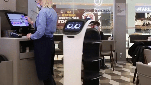 Quan ca phe su dung robot meo lam nhan vien phuc vu hinh anh