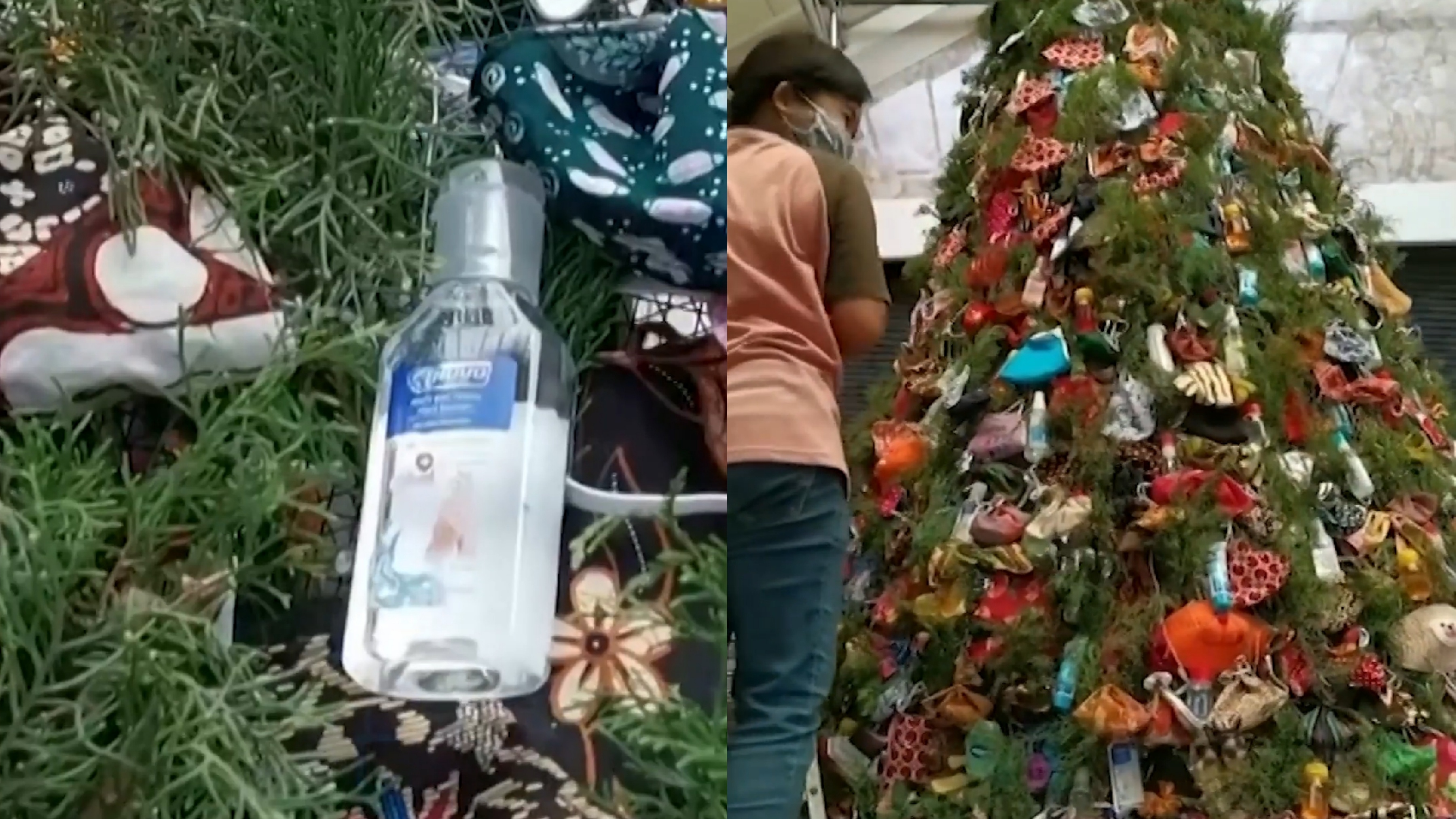 Cay thong Noel duoc trang tri bang khau trang va nuoc sat khuan hinh anh