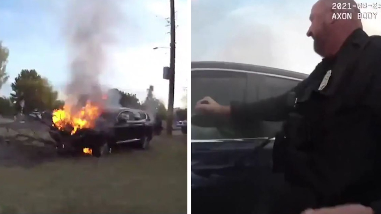 Tai xe duoc canh sat cuu khoi oto dang boc chay hinh anh