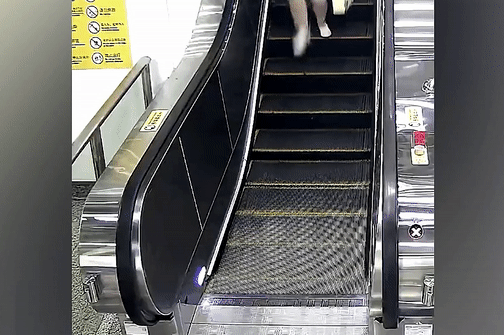 Bi vali 'duoi theo', nguoi phu nu nga nhao tren thang cuon hinh anh