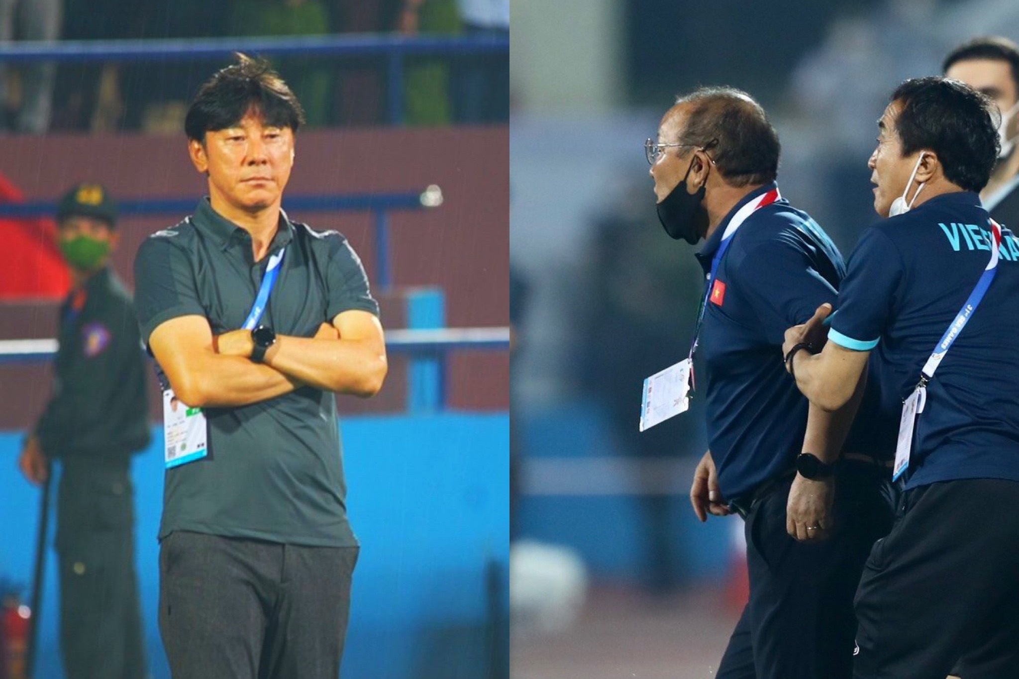Hinh anh trai nguoc cua HLV Park va Shin o bang ghe huan luyen hinh anh