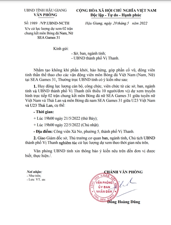 Hau Giang chi dao thu hoi van ban huy dong can bo di co vu bong da anh 1