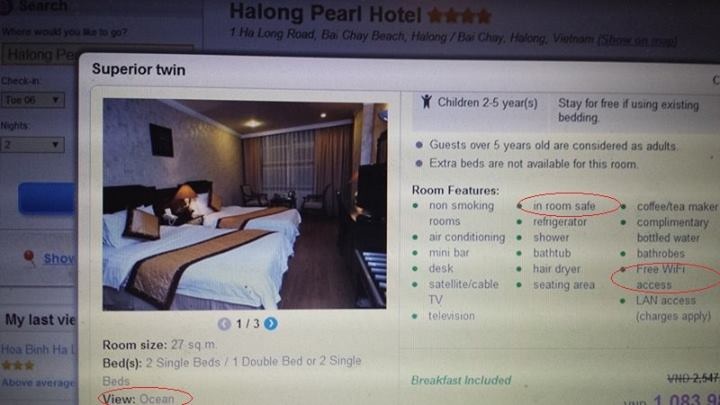 Quảng cáo trên web của khách sạn rất hoành tráng.