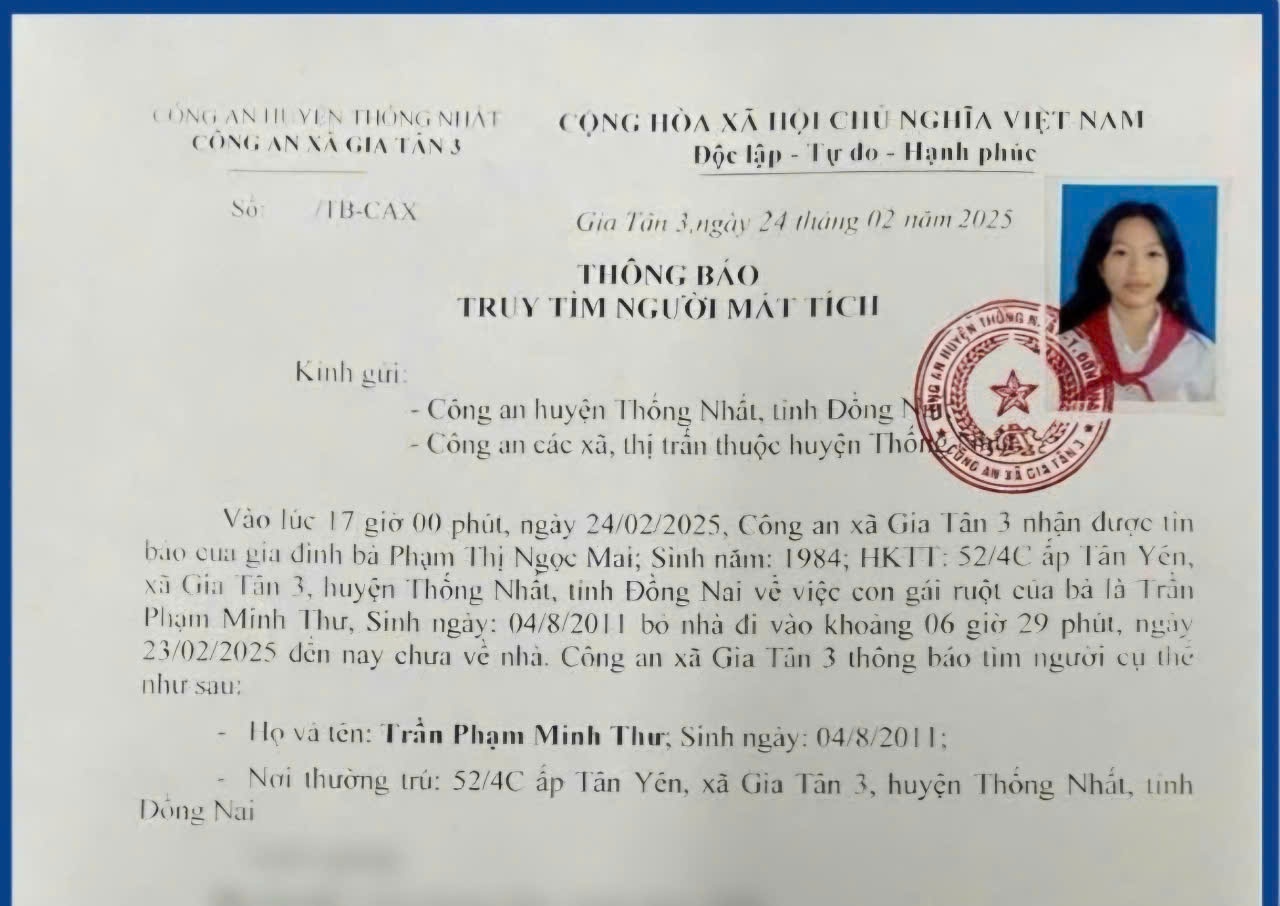 Tim nu sinh 14 tuoi tai Dong Nai mat lien lac voi gia dinh hinh anh