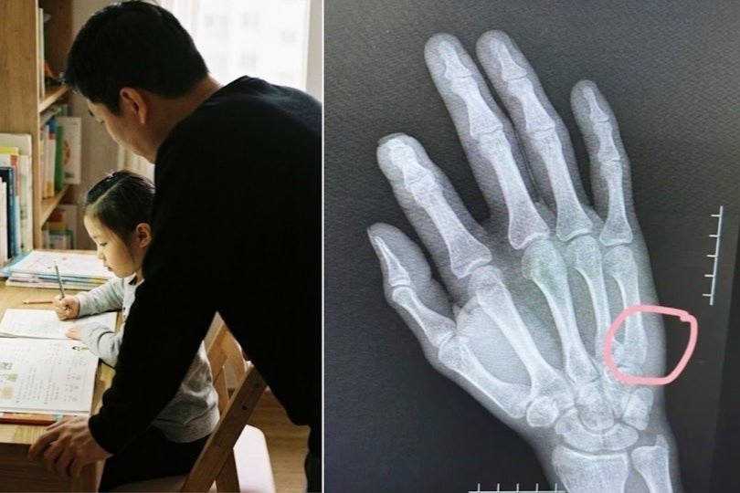 Kem con lam bai tap ve nha, bo tuc gian dap ban gay tay hinh anh