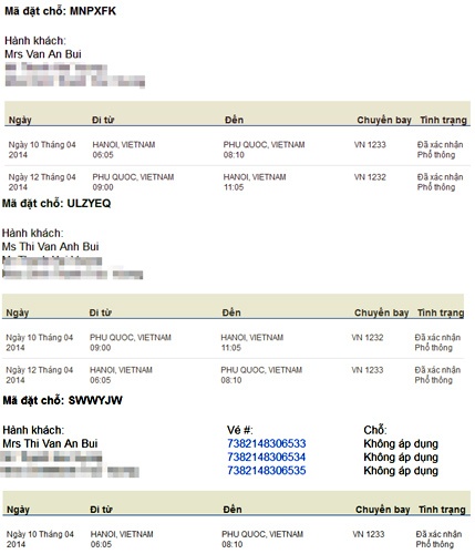 Vé máy bay của chị Vân An. Hai lần đầu có đầy đủ code chiều về, nhưng sai tên. Lần sau cùng tên đúng nhưng vé chỉ có chiều đi .