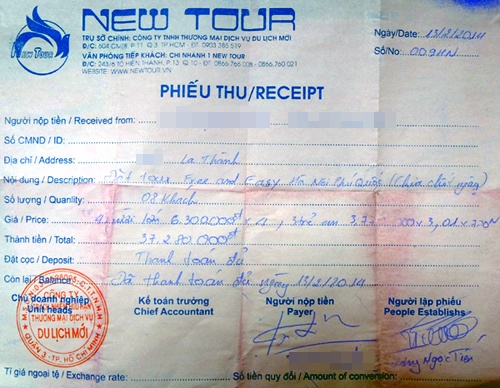 Nếu không có người thân làm công an, liệu anh Hoàng có lấy lại được số tiền gần 40 triệu đồng như đã nộp cho New Tour (hóa đơn trên).